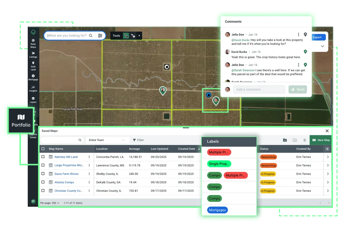 Acres Intelligence portfolio management interface with labels and comments features