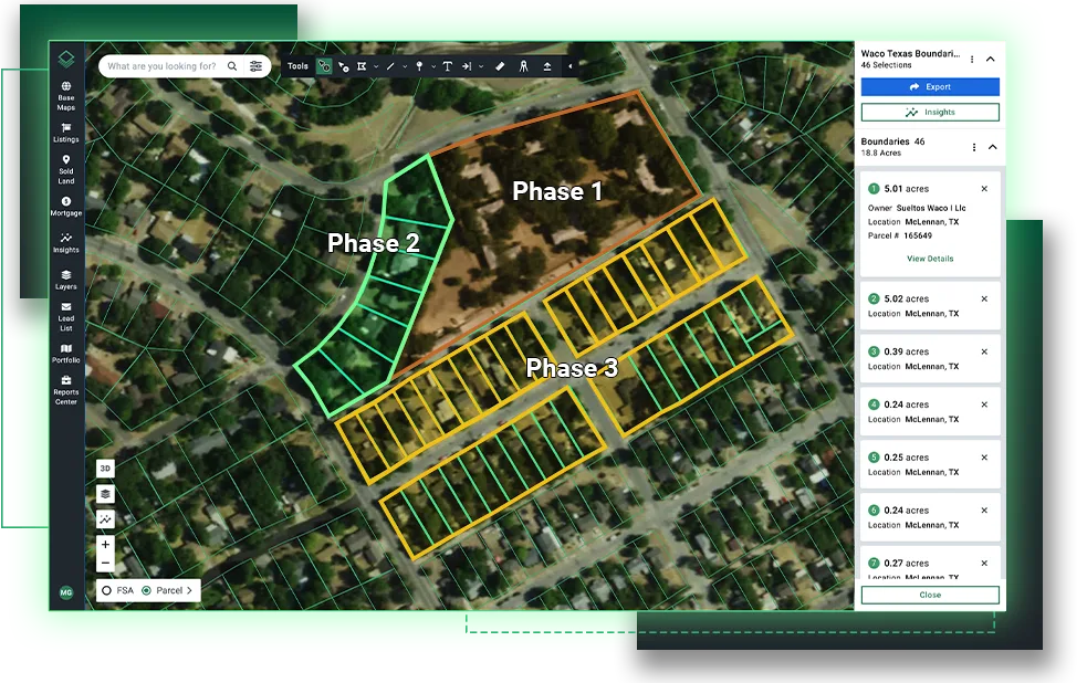 Acres Intelligence custom map visualization tool showing property selections