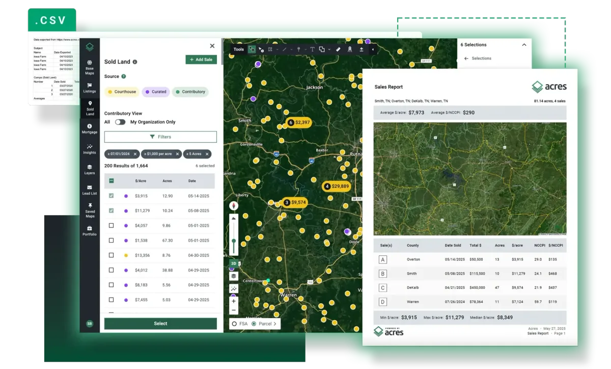 Acres Intelligence data export showing new sold land listings in Tennessee