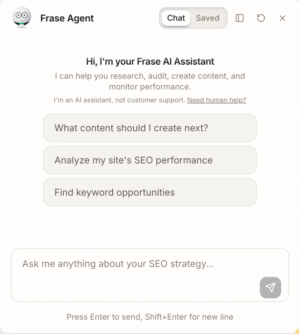 Frase Agent AI SEO assistant interface screenshot