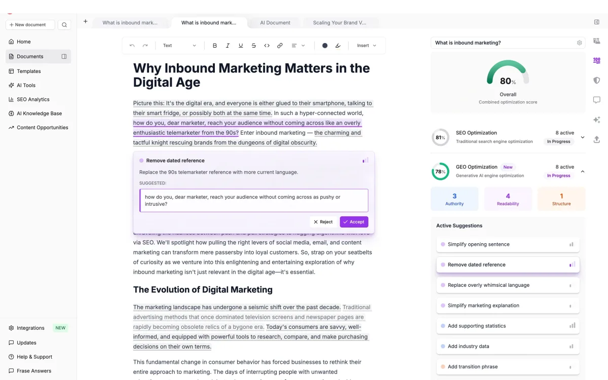 Frase content optimization interface for AI and SEO
