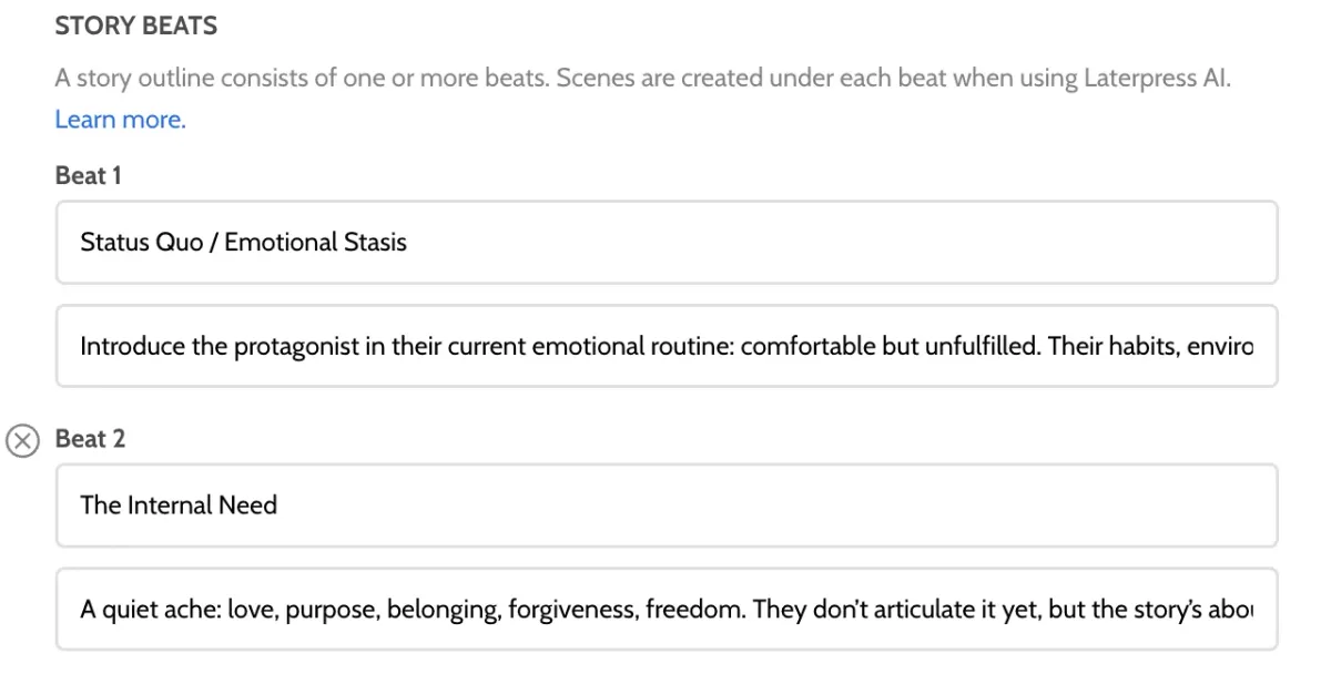 Laterpress outline creation feature for organizing story structure and chapters