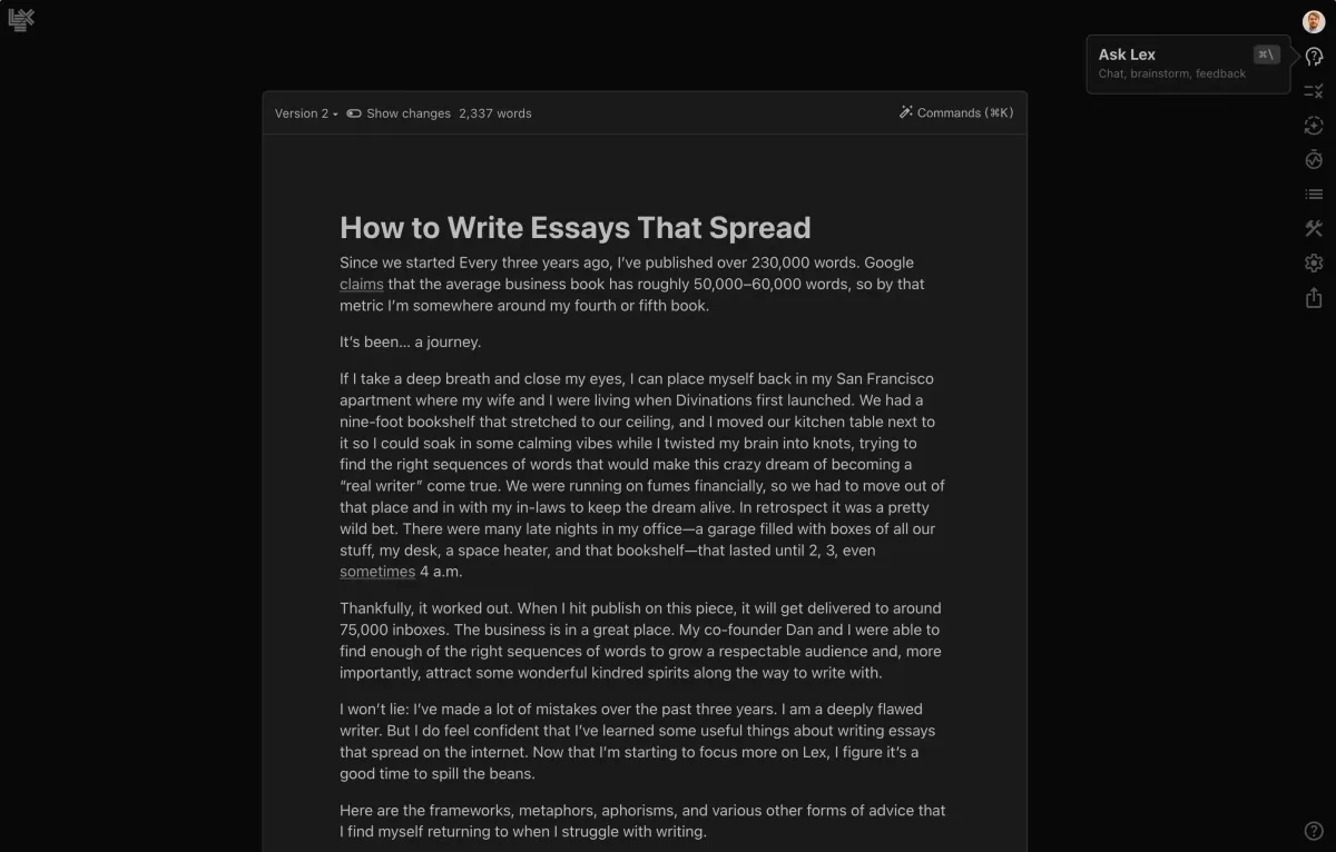 Lex writing interface in dark mode