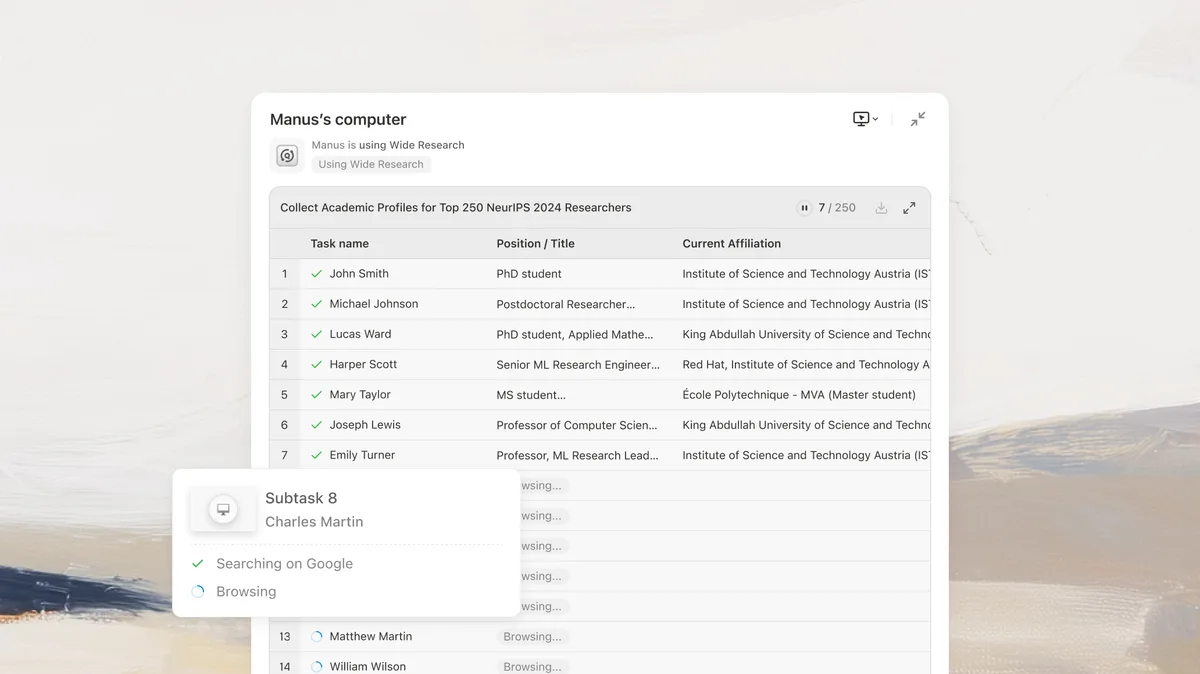 Manus (Self-Updating Projects) wide research feature - comprehensive data gathering interface