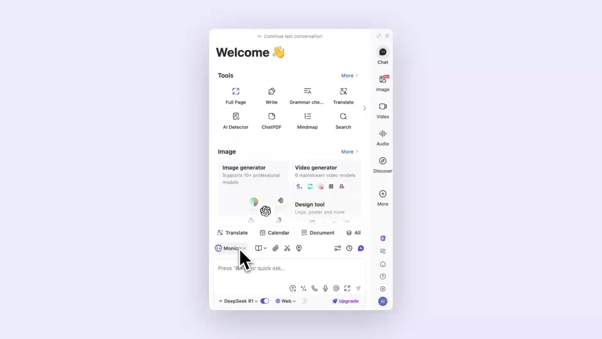 Monica AI chat interface showing multi-AI conversation capabilities