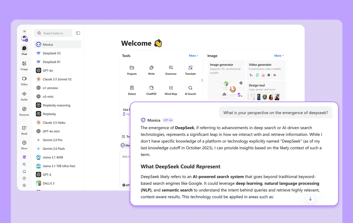 Monica AI chat interface showing conversation and knowledge management features