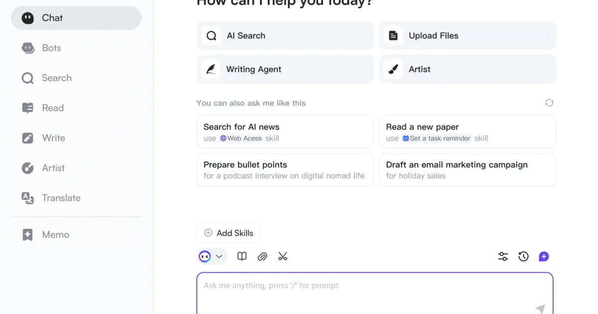 Monica AI home page hero showing main features and interface