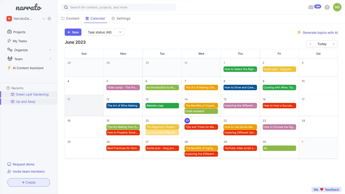 Narrato content planning calendar and scheduling interface
