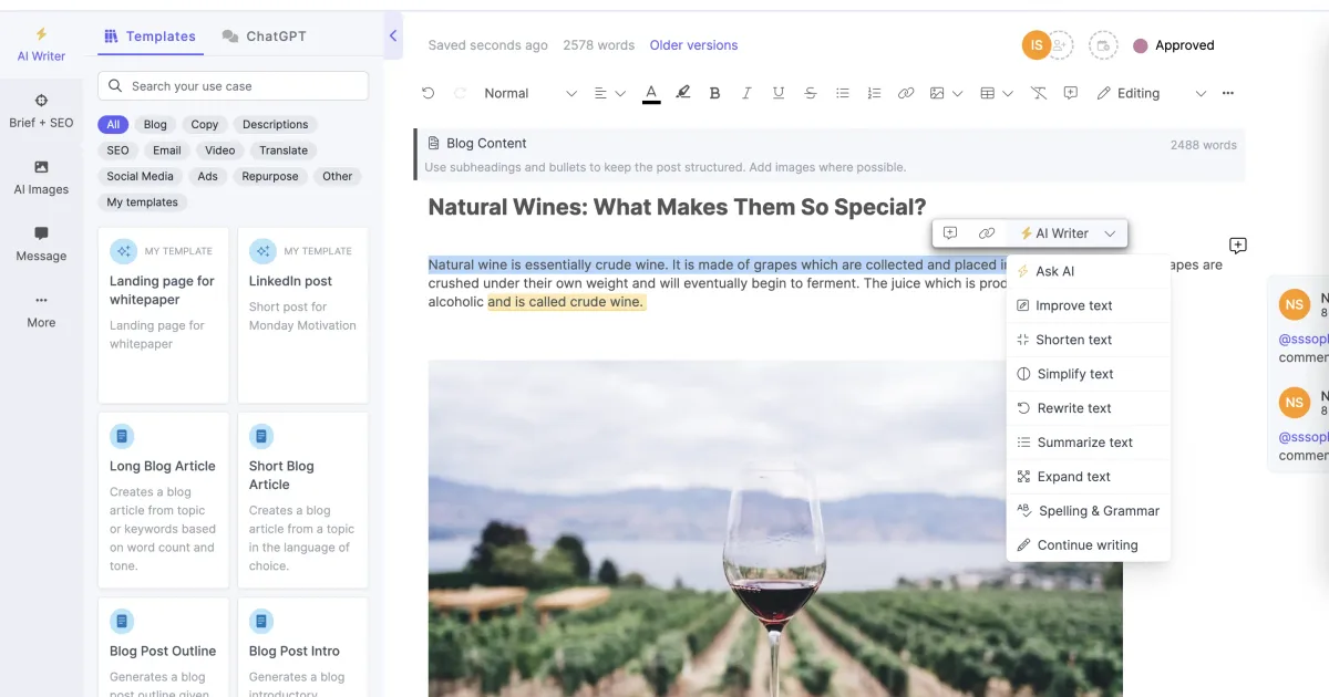 Narrato AI Content Assistant interface showing AI writing tools