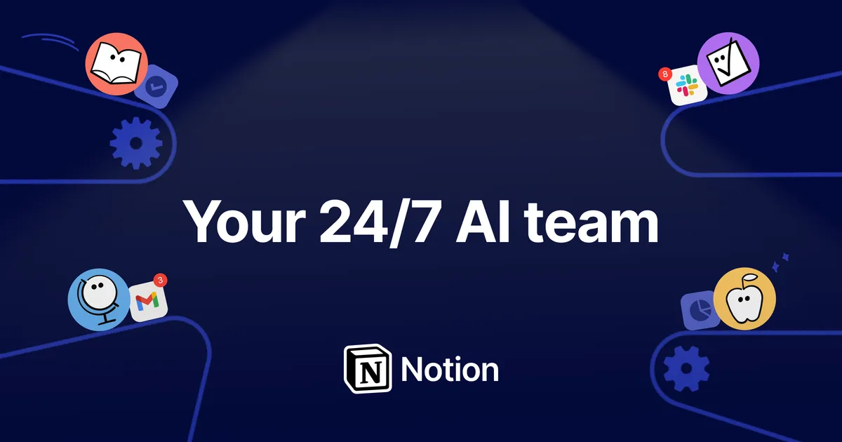 Notion Custom Agents - OpenGraph hero image showing AI-powered workspace automation