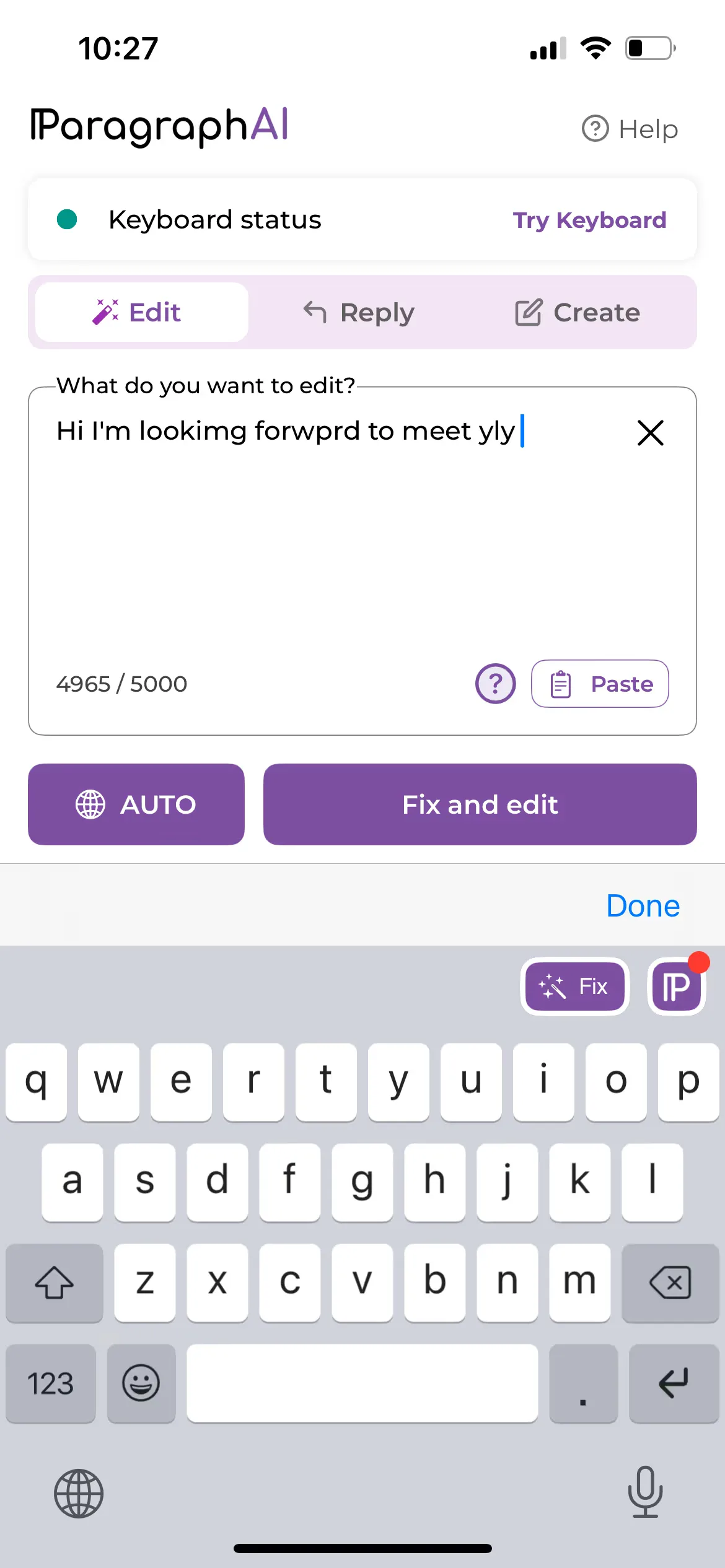 ParagraphAI text correction and editing feature interface