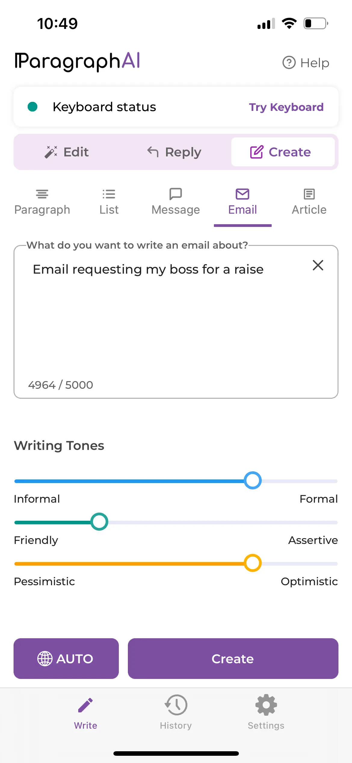 ParagraphAI content creation feature showing AI writing generation