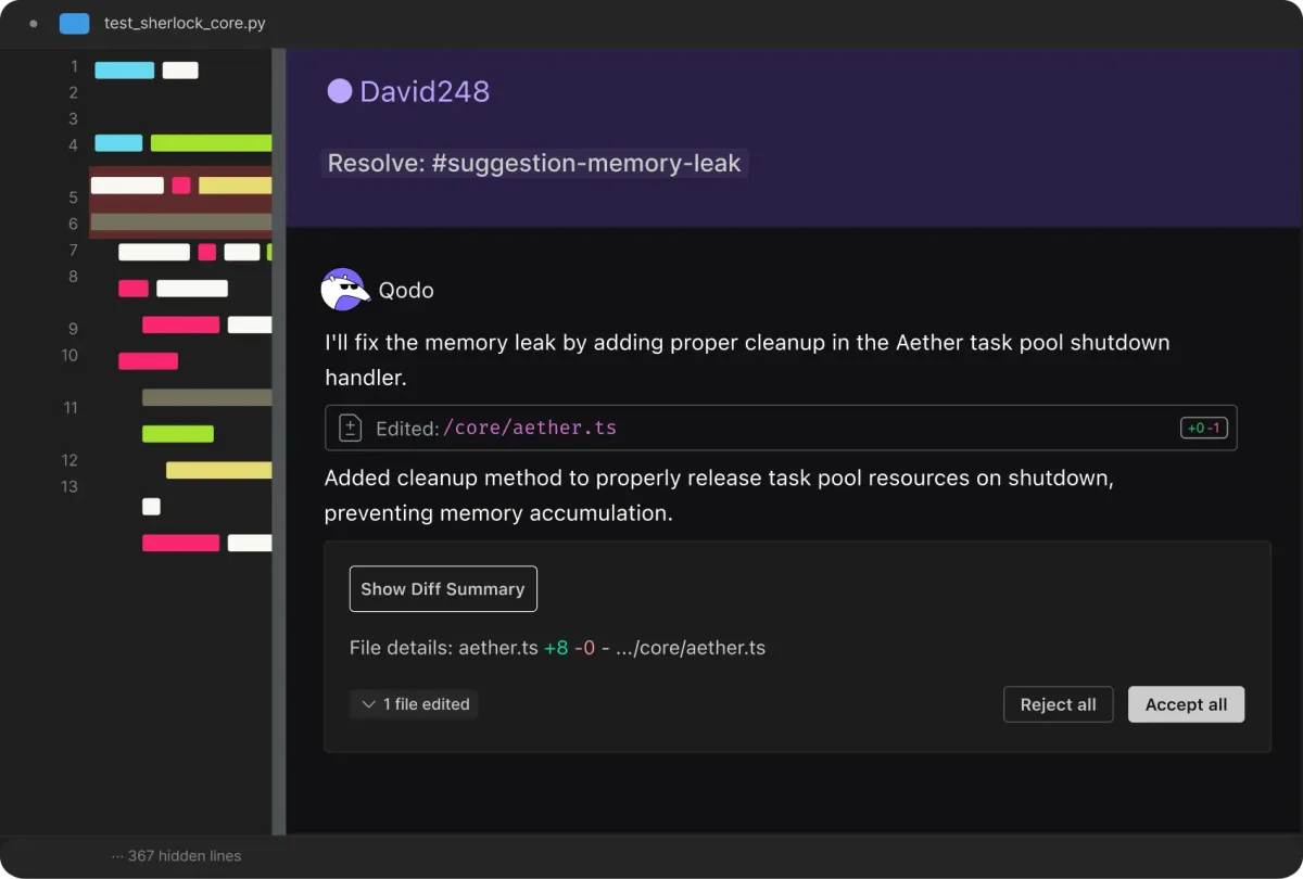Qodo issue resolution and debugging interface