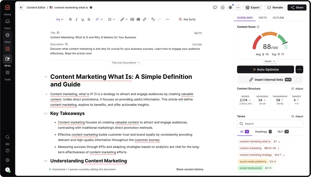 Surfer SEO (Surfer AI) content generation interface with AI-powered writing features