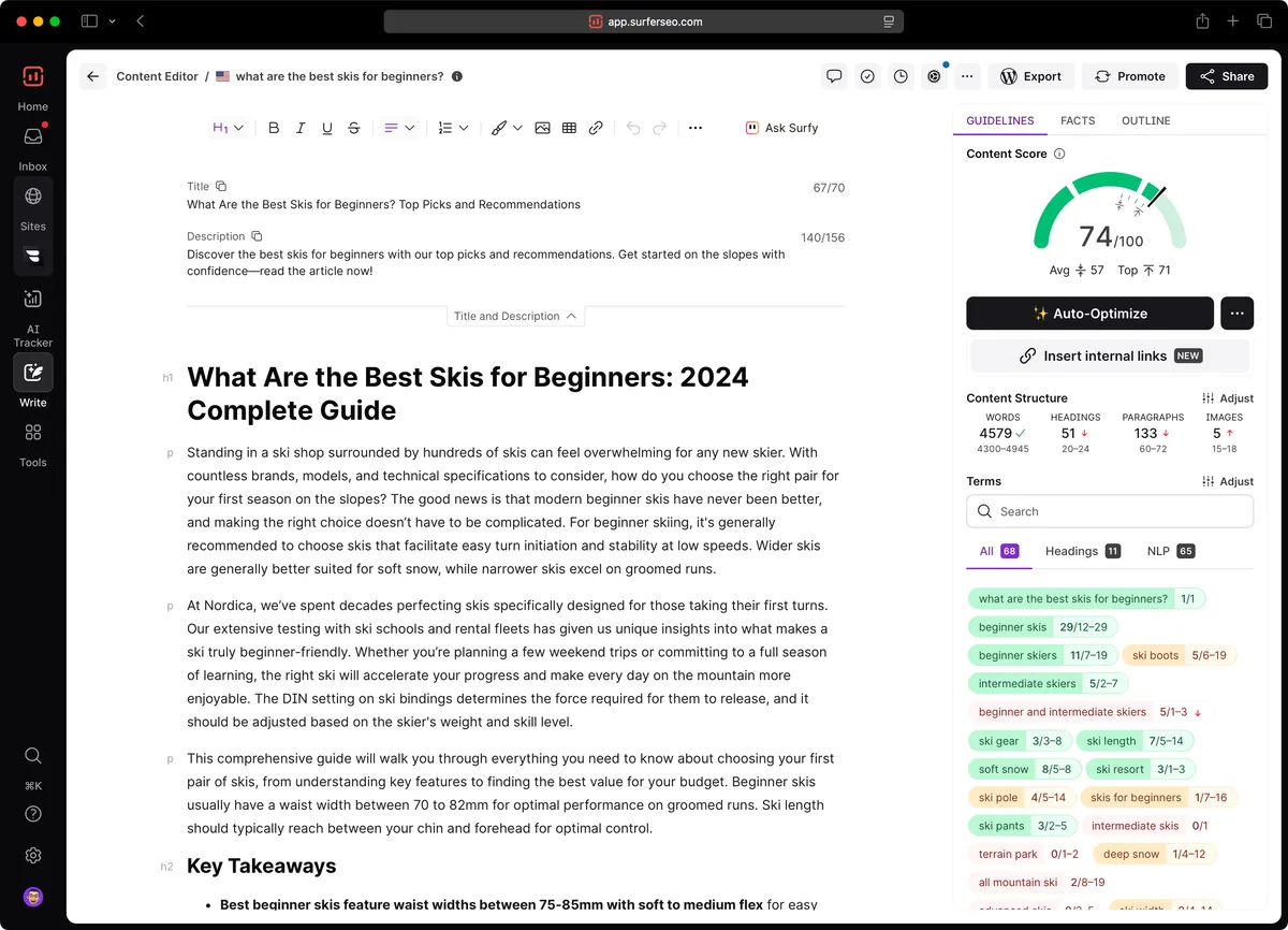Surfer SEO (Surfer AI) content editor interface showing real-time SEO scoring and content optimization