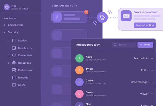 Tines Story copilot features including version history, monitoring, notifications, and role controls