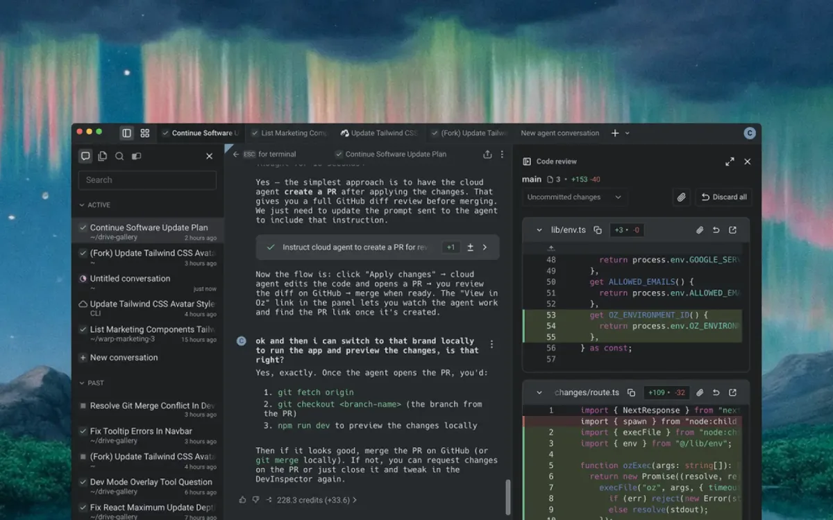 Warp Open-Source (Warp 2.0) main product interface and terminal screenshot